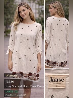 Jaase Ivory Star and Floral Tunic dress LARGE - XL pit to pit 21in length 37in